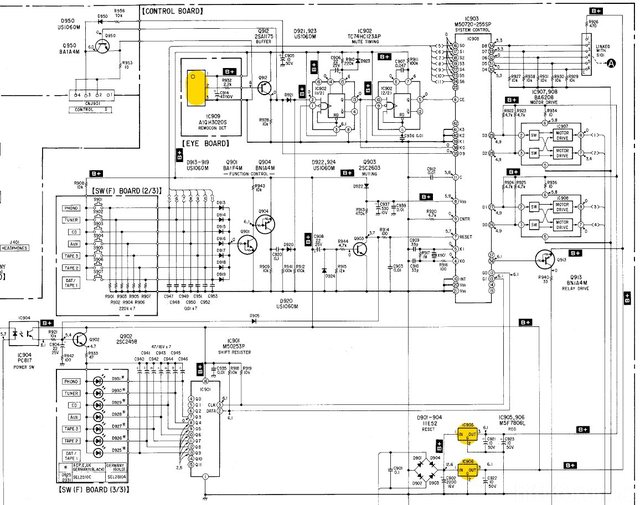 Sony TA-F707ES schematic detail control board with supply voltage and remote marked