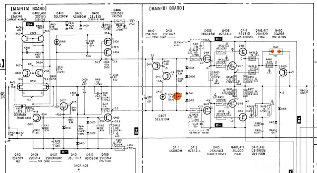 Sony TA-F707ES schematic detail power main amplifier bias adjustment marked
