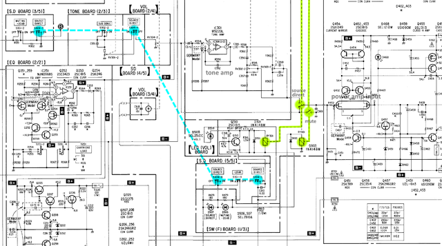 Sony TA-F707ES schematic detail source direct multi-switch controlling two relays