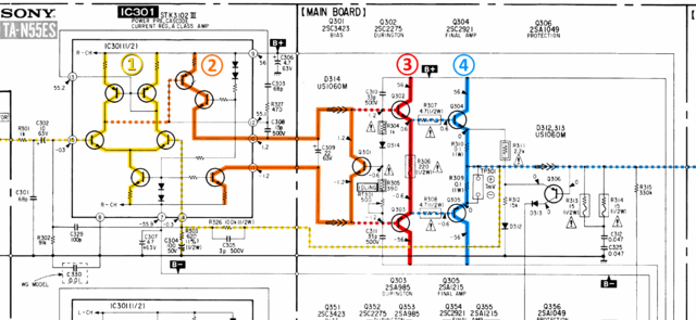 Sony TA-N55ES schematic detail left power amp stages marked