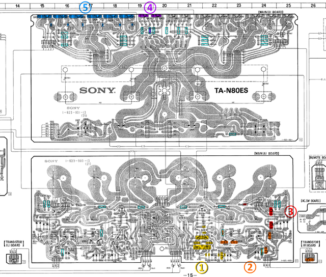 Sony TA-N80ES PCB layout MAIN(A) and MAIN(B) stages marked