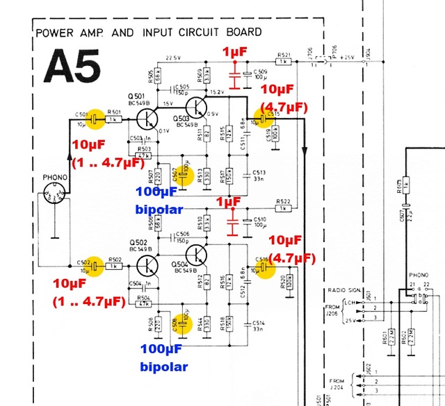 Tandberg TR-2025 schematic phono equalizer ReCap electrolytic capacitor replacement by film marked