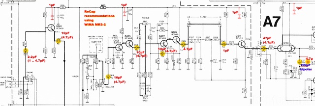 Tandberg TR 2025 Schematic Preamp Section ReCap Electrolytic Capacitor Replacement By Film Marked