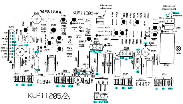 Teac A-H500i PCB layout left power amp with voltages