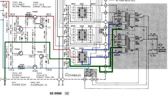 Technics SE-9060 schematic detail power supply and regulator for VAS voltage amplification stages rails marked