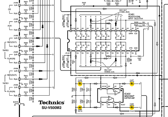 Technics SU-V500M2 Schematic Detail Input Selector And Buffer Amp With Recap Marked