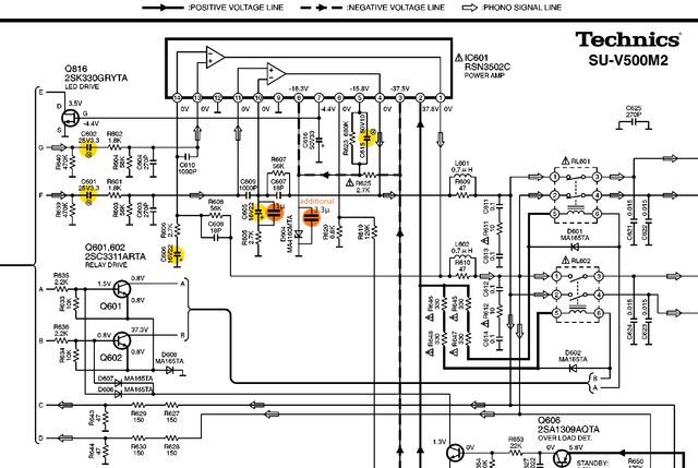 Technics SU-V500M2 Schematic Detail Power Amp Section With Recap Marked