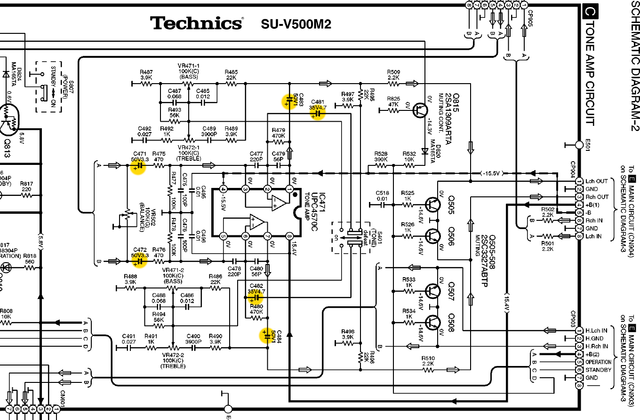 Technics SU-V500M2 schematic detail tone amp and balance with recap marked