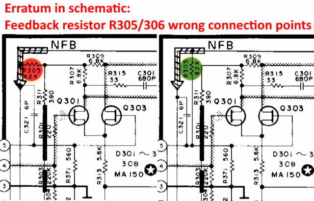 Technics SU-V707 Schematic Erratum Feedback Resistor R305 R306 Wrong Connection Points