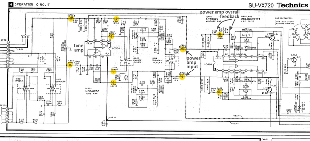 Technics SU-VX720 schematic detail tone amp and power amp input section