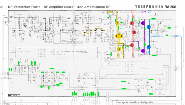 Telefunken RA-200 schematic detail power amps power supply protection loudspeaker switches terminal 
