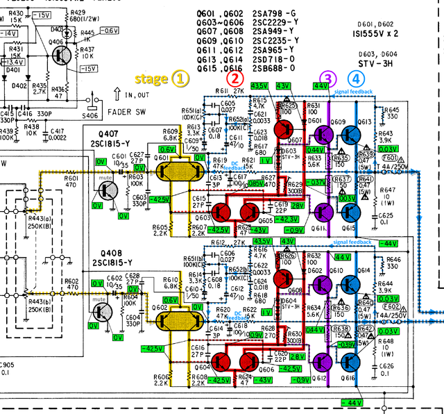 Toshiba SB-445 schematic detail power amplifier stages marked