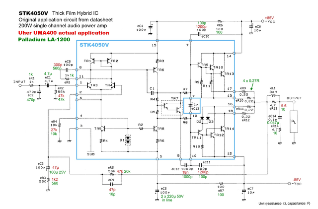 Uher UMA-400 & Palladium LA-1200 Schematic Detail Left Power Amp With STK4050V Internal Circuit And Actual Values Used In Reality