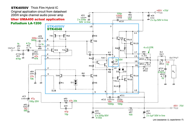 Uher UMA-400 & Palladium LA-1200 schematic detail left power amp with STK4050V internal circuit and actual values used in reality v02