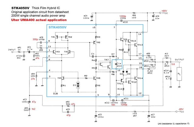 Uher UMA-400 schematic detail left power amp with STK4050V internal circuit and actual values used in reality
