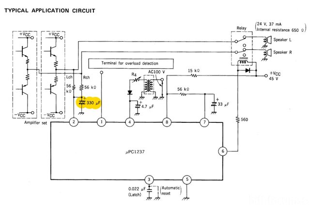 uPC1237HA protector IC typical application with offset capacitor marked