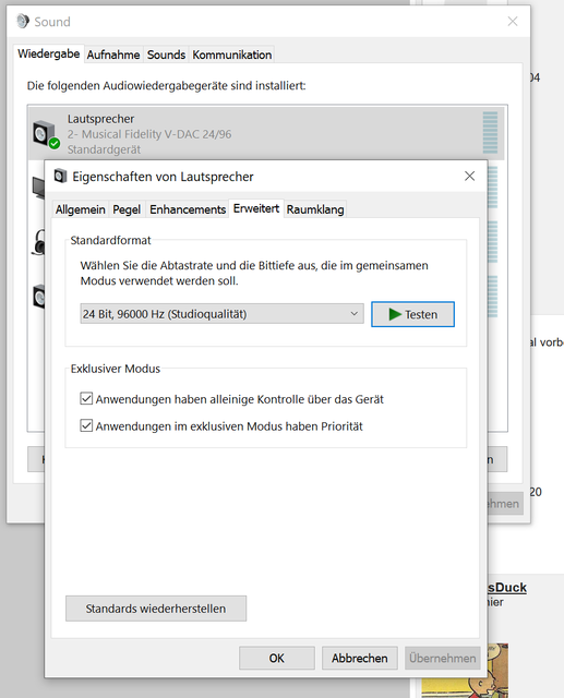 USB-DAC an Windows 10 Einstellung Bitrate