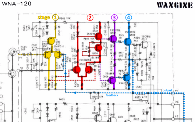 Wangine WNA-120 Schematic Detail Left Power Amp Stages Marked