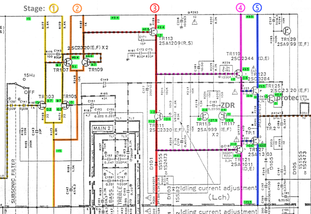 Yamaha A 500 Schematic Detail Left Power Amplifier Stages And Voltages Marked