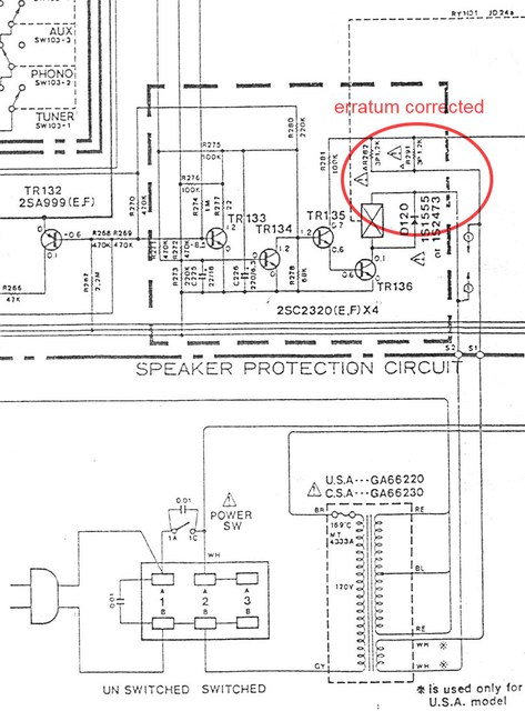 Yamaha A-500 Schematic detail protection and power transformer erratum corrected