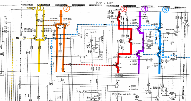 Yamaha A-520 schematic detail power amplifier stages marked