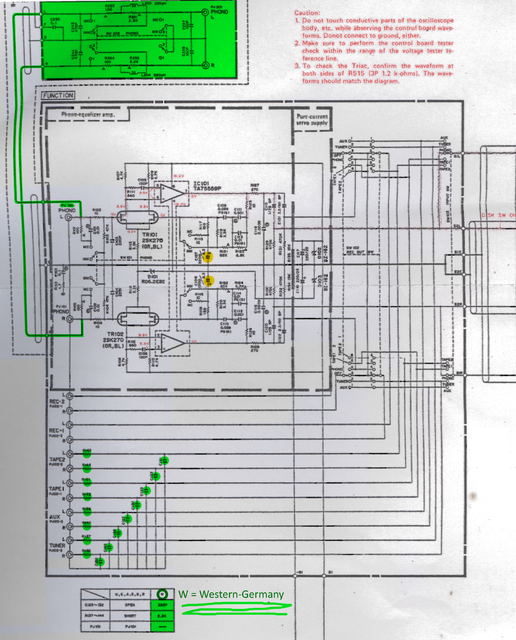 Yamaha A-760II schematic detail phono equalizer amp Western-Germany HF suppression marked