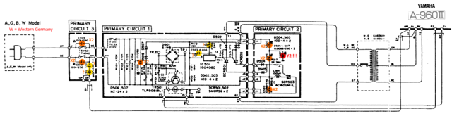 Yamaha A-960 II schematic detail A G B W model power supply phase cut section X2 Y2 capacitors marked