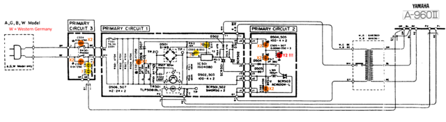 Yamaha A-960 II Schematic Detail A G B W Model Power Supply Phase Cut Section X2 Y2 Capacitors Marked