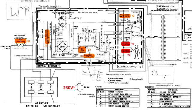 Yamaha A-960 schematic detail phase cut power supply critical capacitors marked