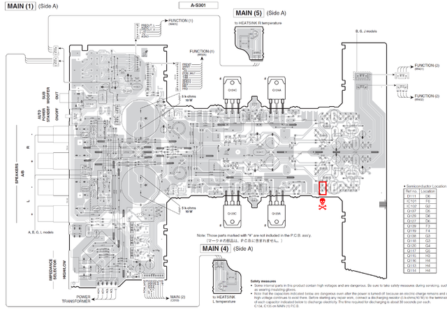 Yamaha A-S301 PCB MAIN(1) side A component side faulti resistor marked