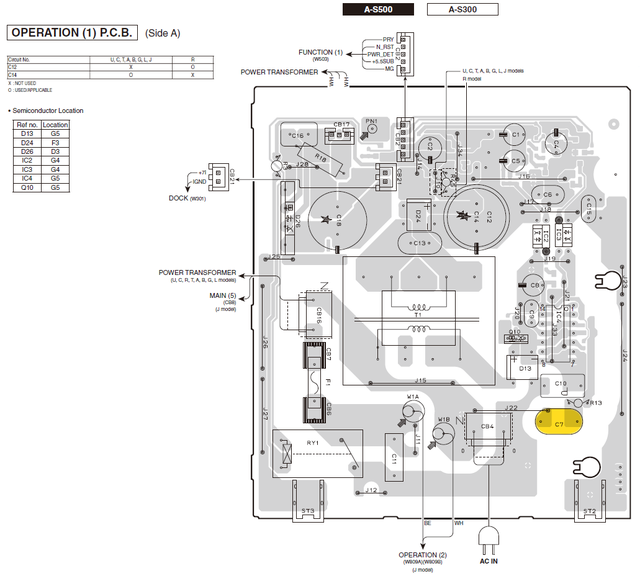 Yamaha A-S500 A-S300 PCB OPERATION(1) standby circuit defective capacitor C7 marked