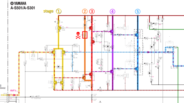 Yamaha A-S501 A-S301 schematic detail left power amp stages marked faulty resistor