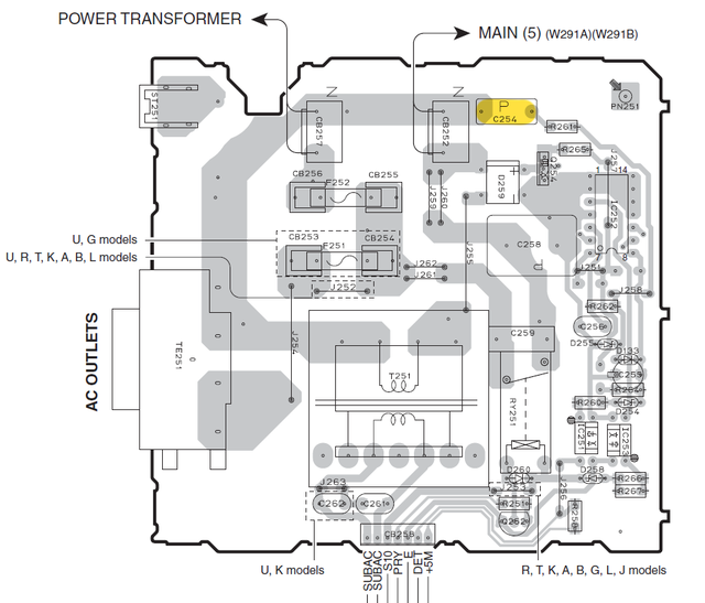 Yamaha A-S700 PCB layout MAIN2 standby circuit with defective capacitor C254