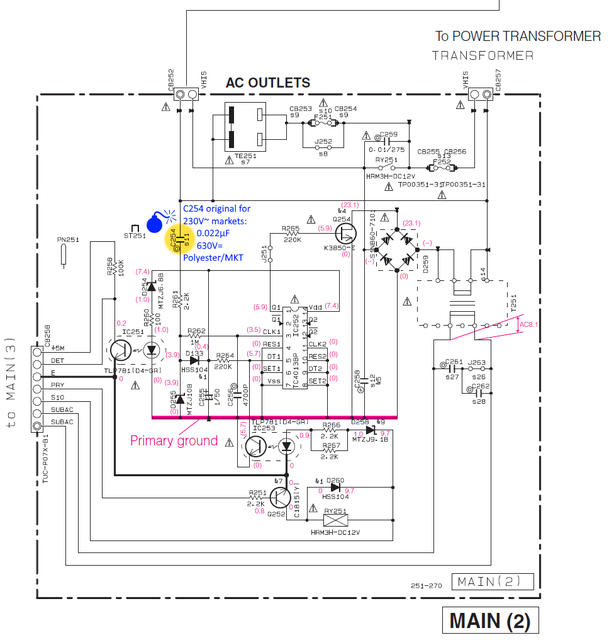 Yamaha A-S700 schematic detail standby circuit with defective capacitor C254