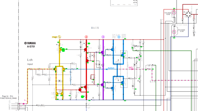 Yamaha A-S701 schematic detail left power amp stages marked