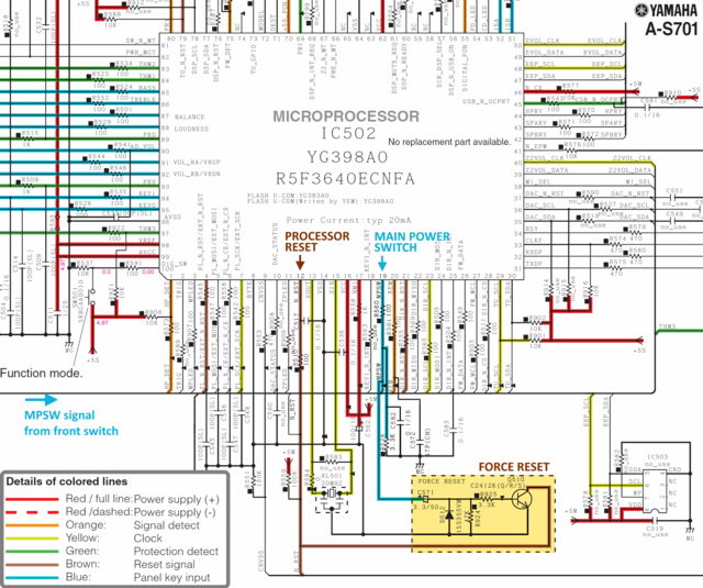 Yamaha A-S701 schematic detail MPSW main power switch and force reset circuit fixing problem click noise