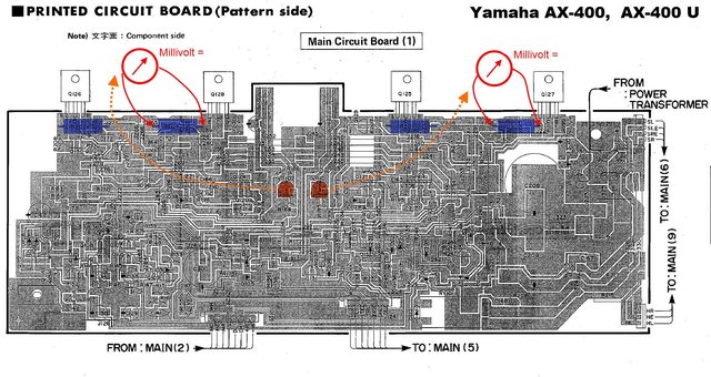 Yamaha AX-400 main PCB layout idle current adjustment Ruhestrom Einstellung