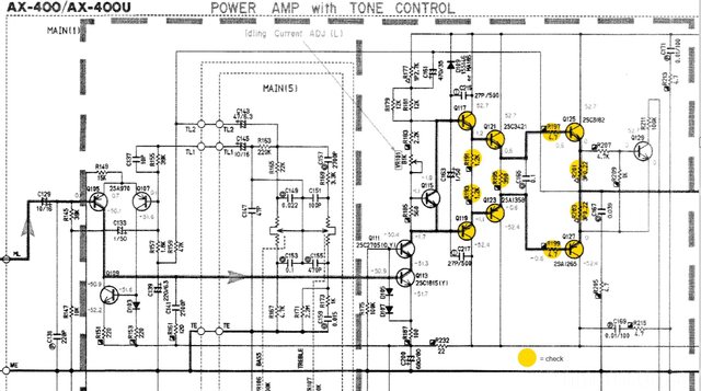 Yamaha AX 400 Schematic Detail Left Power Amp  Marked