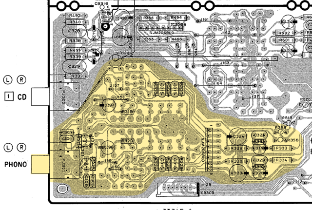 Yamaha AX-492 PCB layout phono equalizer amp marked