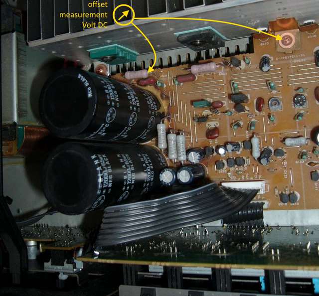 Yamaha AX-500 inside main PCB left power amp offset measurement marked
