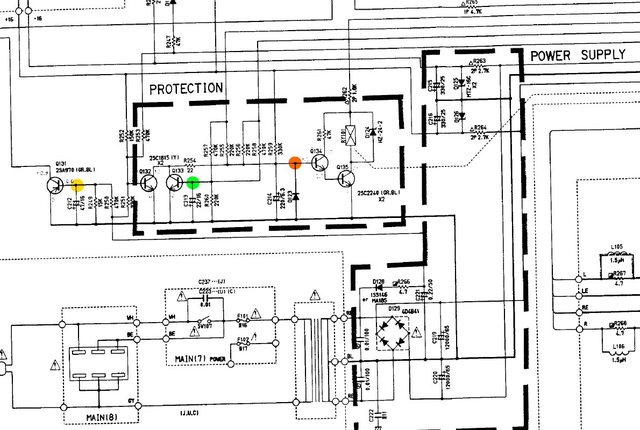 Yamaha AX-500 schematic detail protection circuit with critical capacitors