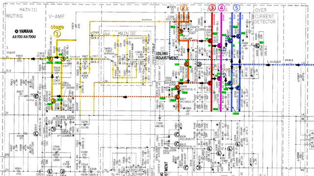 Yamaha AX-700 Schematic Detail Left Power Amp Stages Marked V2