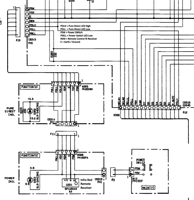 Yamaha AX-870 schematic detail Pure Direct and Remote IR and Power Switch PCBs