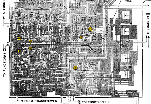 Yamaha AX-900 PCB layout and power supply suspicious capacitors marked