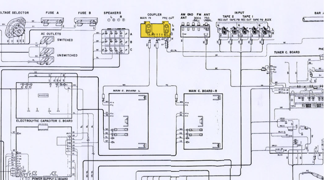 Yamaha CR-1020 PCB interconnect pre-out main-in coupler marked