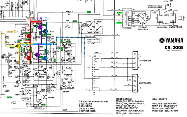 Yamaha CR-200E schematic detail power amps and power supply stages marked