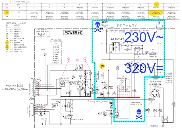 Yamaha DSP-Z7 RX-Z7 schematic detail standby circuit dangerous voltages