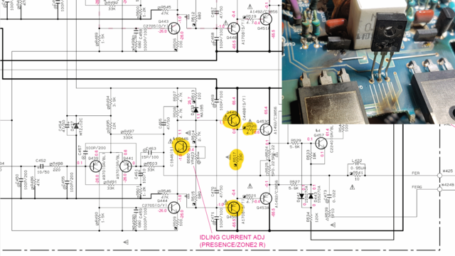 Yamaha DSP-Z9 RX-Z9 schematic detail front presence right FER power amp defective parts marked