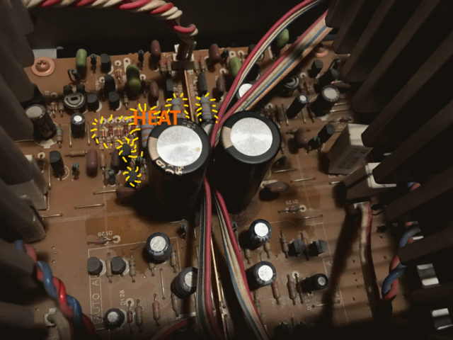 Yamaha M-40 inside picture leaked electrolytic capacitors near heat sources