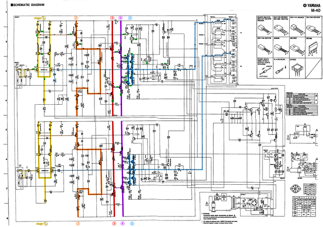 Yamaha M-40 schematic stages marked